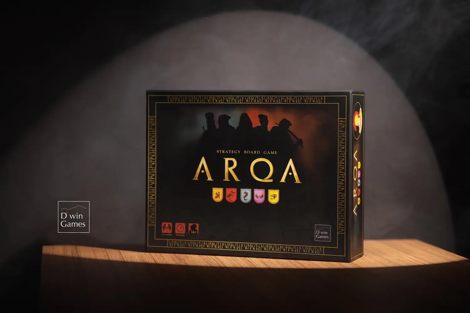 The ARQA board game box, lit against a dark background